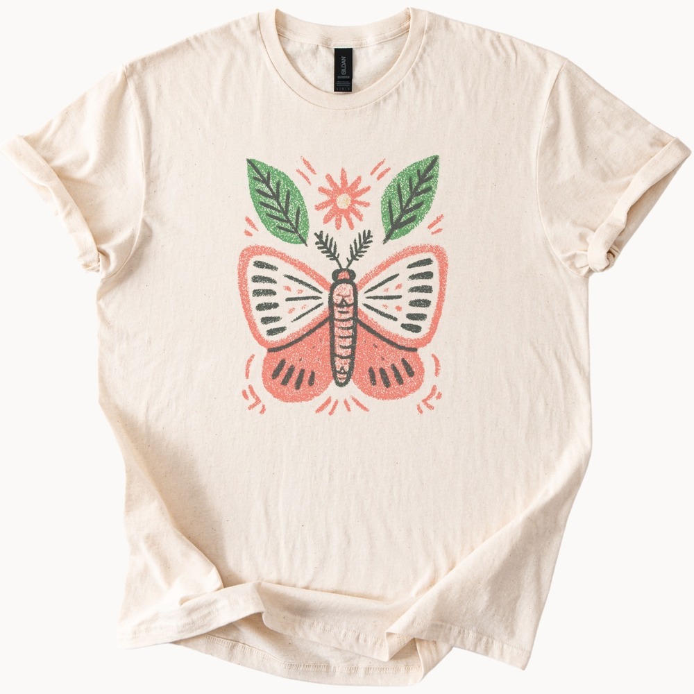 Folk Moth Spreading Wings Between Red Flower and Leaves Tee